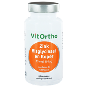 Zink bisglycinaat 15 mg en koper 250 mcg 60 vegi-caps Vitortho